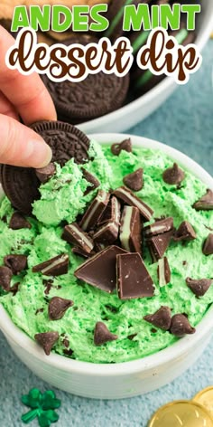 mint dessert dip in a bowl with oreos and chocolate chips on the side for st patrick's day