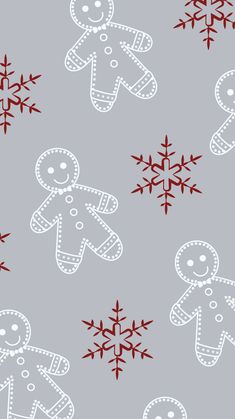 a gray background with red snowflakes and gingerbreads on it's sides