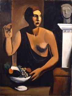 a painting of a woman holding a bowl of fruit in front of a busturine