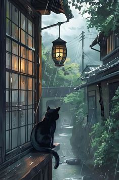 a black cat sitting on top of a window sill next to a street light