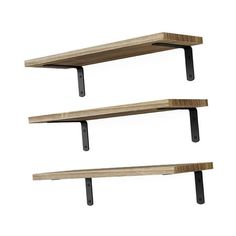 three wooden shelves with black metal brackets