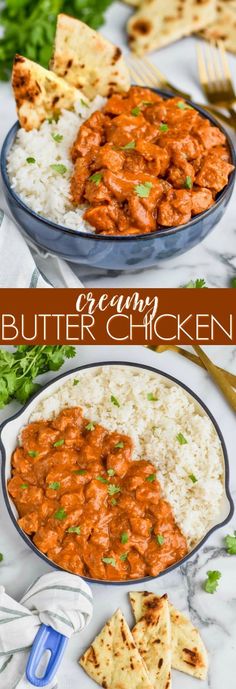 two bowls filled with creamy butter chicken and rice