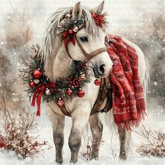 a painting of a white horse wearing a red scarf and christmas decorations on it's head