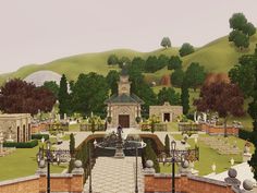 an artist's rendering of a formal garden in the middle of a hilly area