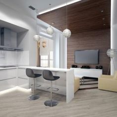 the modern kitchen is clean and ready to be used as a living room or dining area