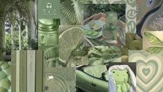 a collage of green and white items including books, flowers, plants and stuffed animals