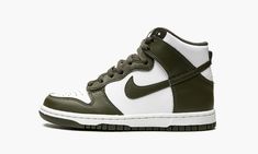 Shop Nike Dunk High GS "Cargo Khaki" at Stadium Goods, the world's premier marketplace for authentic sneakers and streetwear. In stock and ready to ship. Olive Nike Dunks, Olive Green Sneakers, Olive Green Nike, Sneakers Box, Kobe Shoes, White Shoes Sneakers, Cargo Khaki, Nike Dunk High, Dunk High