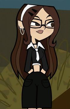 a cartoon girl with glasses and a black skirt is standing in front of a wall