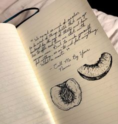 an open notebook with writing on it and a drawing of a kiwi fruit in the middle