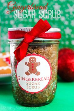 the gingerbread sugar scrub is in a glass jar