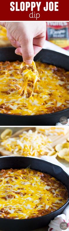 two pictures showing how to make sloppy joe dip in a cast iron skillet with cheese on top