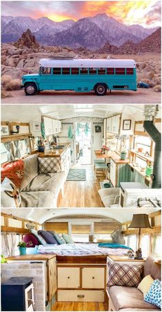 the inside of an rv with mountains in the background and blue bus parked on the road