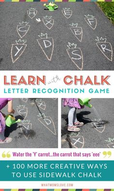 the cover of learn with chalk letter recognition game, featuring children drawing letters on asphalt