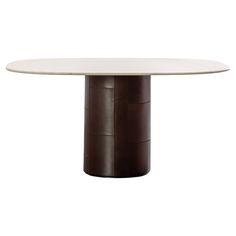 a round table with a white top and dark brown base, on a white background