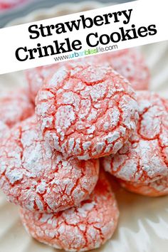 strawberry crinkle cookies stacked on top of each other with the words, strawberry crinkle cookies