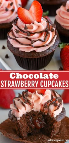 chocolate strawberry cupcakes with frosting and strawberries on top