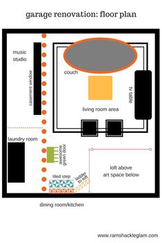 the garage renovation floor plan is shown in black and white, with an orange circle above it