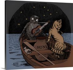 two cats are sitting in a boat playing the guitar and singing to another cat that is standing on top of it