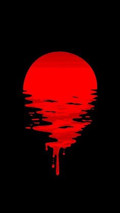 the sun is reflected in the water with red and black paint dripping from it's surface