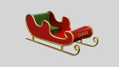 a red and green sleigh with the word claus written on it's side