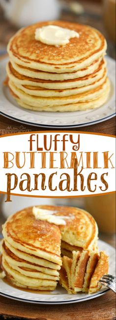 fluffy buttermilk pancakes are stacked on plates