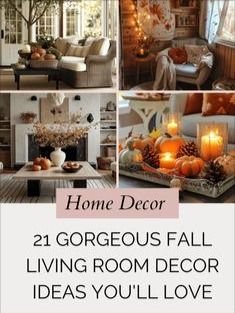 a collage of fall living room decor ideas you'll love with candles and pumpkins