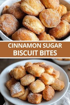 cinnamon sugar biscuit bites on a white plate with the words, cinnamon sugar biscuit bites