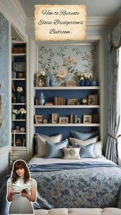 a woman sitting in front of a bed next to a book shelf