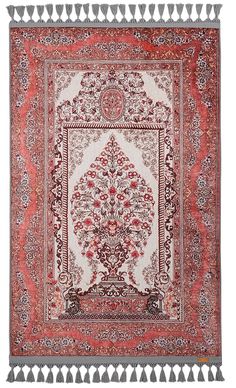 a red and white rug with fringes on the bottom, in an ornate pattern