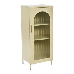 a white cabinet with an arched door on the front and bottom shelf, against a white background