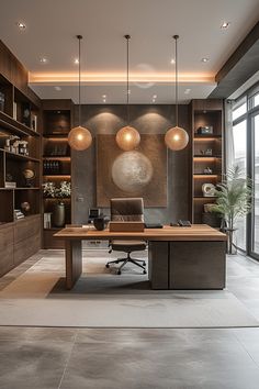 a modern office with wooden shelves and hanging lights above the desk is lit by two globe pendants