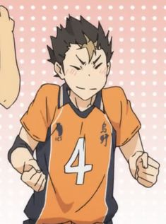 an anime character with his arms in the air and two other characters behind him, both wearing orange shirts