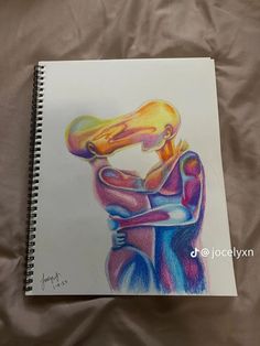 a drawing of a man holding a woman's head with colored pencils on paper