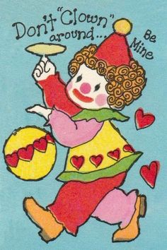 a card with an image of a clown holding a frisbee