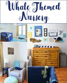 a collage of photos with the words whale themed nursery in blue and white colors