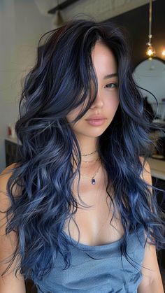 Blue Hair Over Brown, Hair Color Ombre Ideas For Black Hair, Black Hair With Dark Blue Money Piece, Women Hair Dye Ideas, Black To Dark Blue Hair, Dark Blue Hair With White Highlights, Jet Black Hair With Highlights Blue, Dark Hair Blue Undertone, Dyed Hair Dark Blue