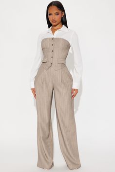 In Attendance Pinstripe Wide Leg Pant Set - Taupe | Fashion Nova Pant Tops For Women, Modern Styles Clothes, Peplum Top With Wide Leg Pants, Wide Leg Suit Women, Cute Swag Outfits For Women, Tailored Womens Suits, Classic Business Casual Women, Rich Wife Outfit, Cute Church Outfits Black Women