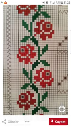 a cross stitch pattern with red flowers on it