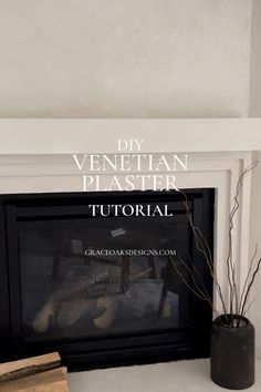 a fireplace with the words diy venetian plaster on it and a potted plant next to it