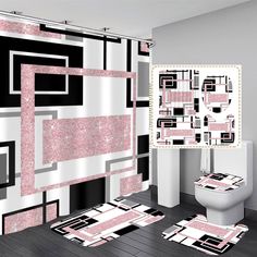 a bathroom with pink and black decor on the shower curtain, toilet and rugs