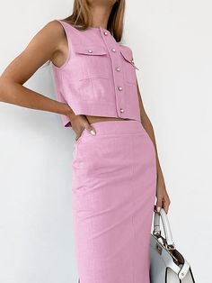 Split Pockets Sleeveless Skirt Set Maxi Skirt Crop Top, Linen Sleeveless Top, Sleeveless Suit, Sleeveless Skirt, Split Skirt, Linen Style, Body Dress, Sleeveless Crop Top, Straight Skirt