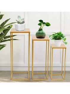 three gold side tables with plants on them