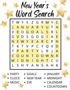 the new year's word search is shown with gold stars around it and words below