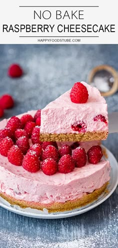 no bake raspberry cheesecake on a white plate with the title overlay