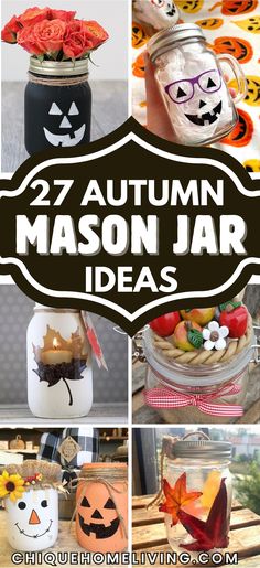 mason jar crafts with pumpkins and jack - o'- lantern faces on them