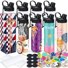 an assortment of colorful water bottles and stickers