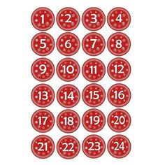 a red and white calendar with numbers in the shape of snowflakes on it