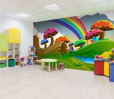 the children's playroom is decorated with colorful wallpapers and artwork, including mushrooms