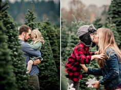 a man and woman kissing while standing in front of a christmas tree lot with their child