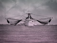 a fishing boat in the ocean with nets on it's hulls and sails